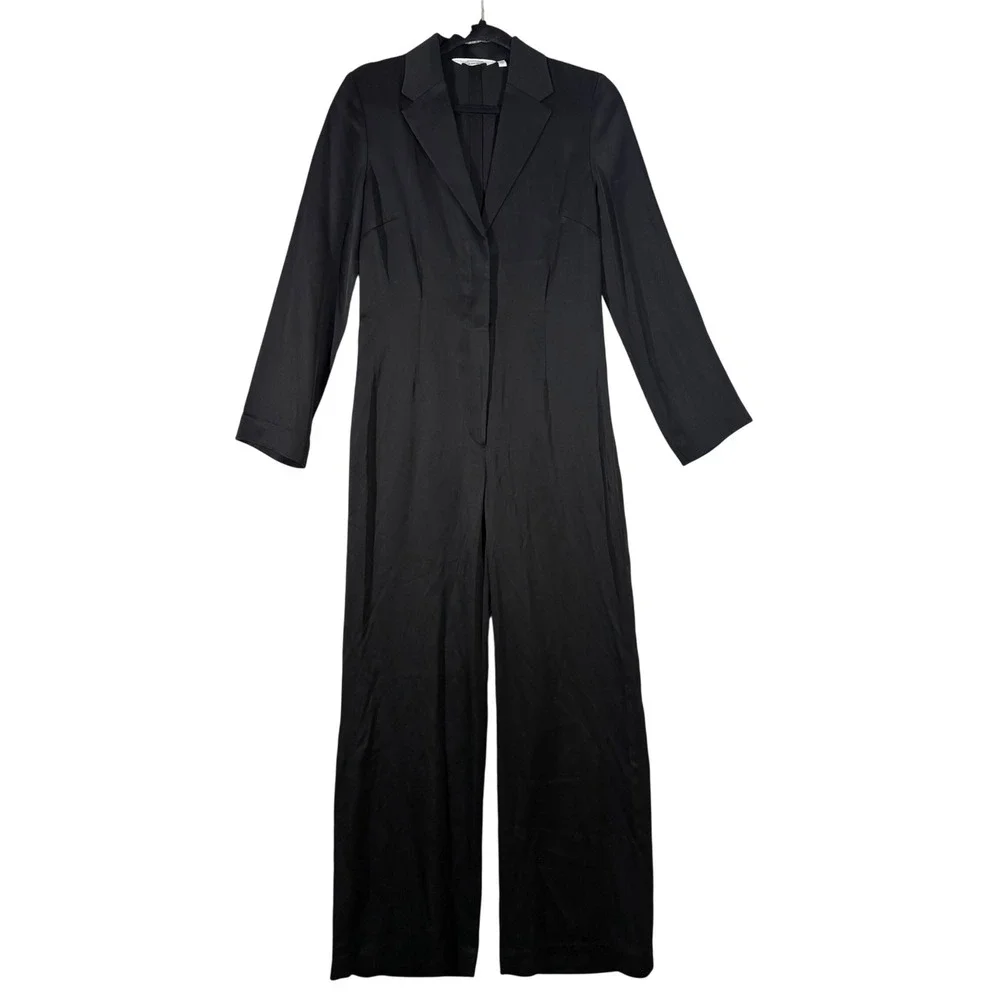 & Other Stories Fluid Padded Shoulder Satin Jumpsuit‎ Sz 6 Black Wide Leg V Neck